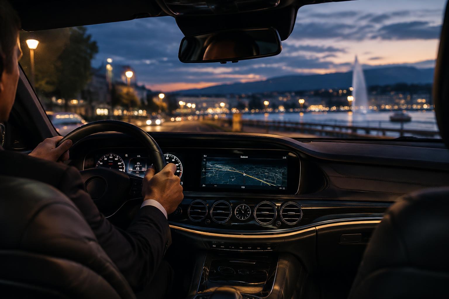 Chauffeur Genesis Driver au volant d'une Mercedes Classe S, Genève illuminée au coucher du soleil