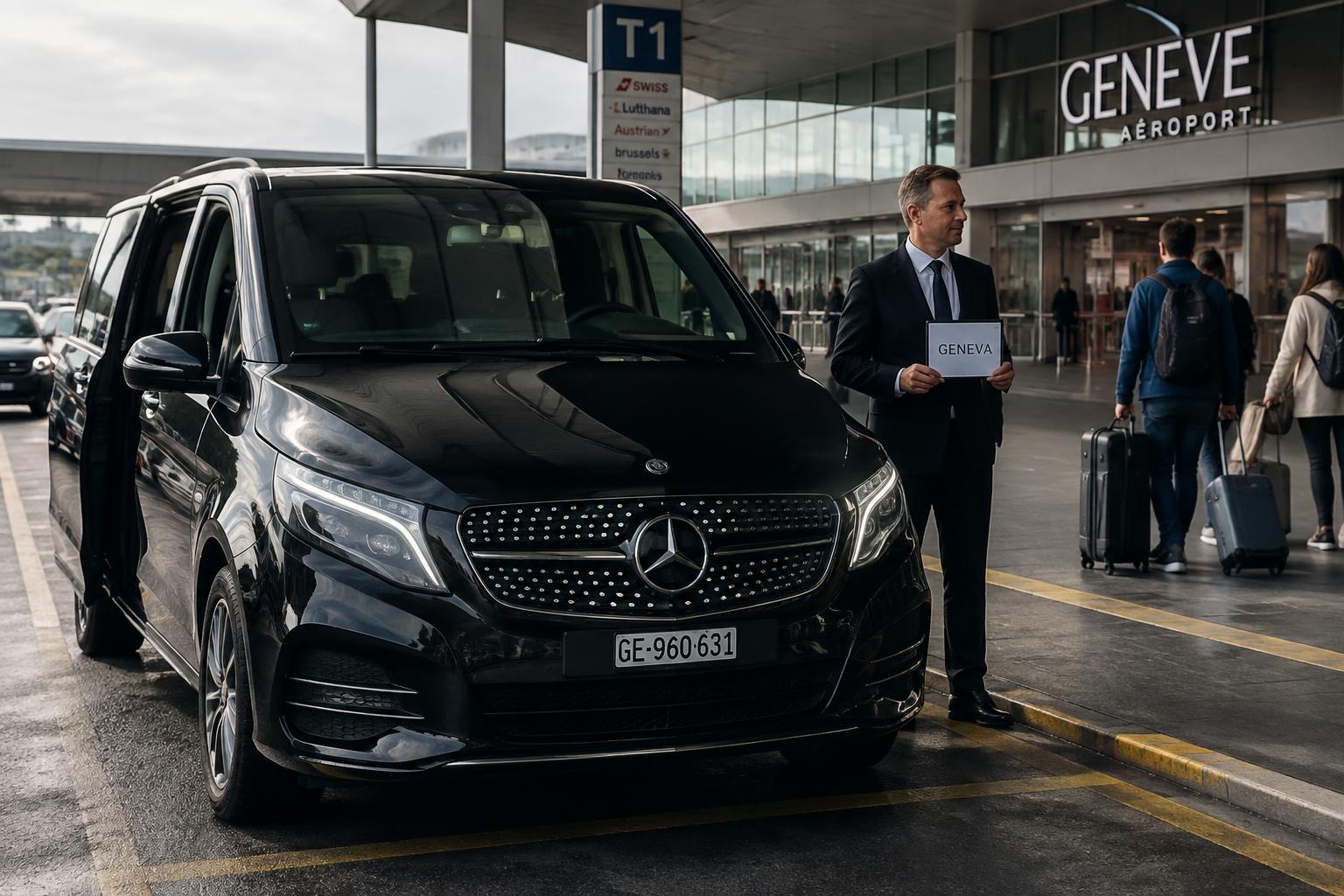 Chauffeur Genesis Driver devant une Mercedes Classe V à l’aéroport de Genève
